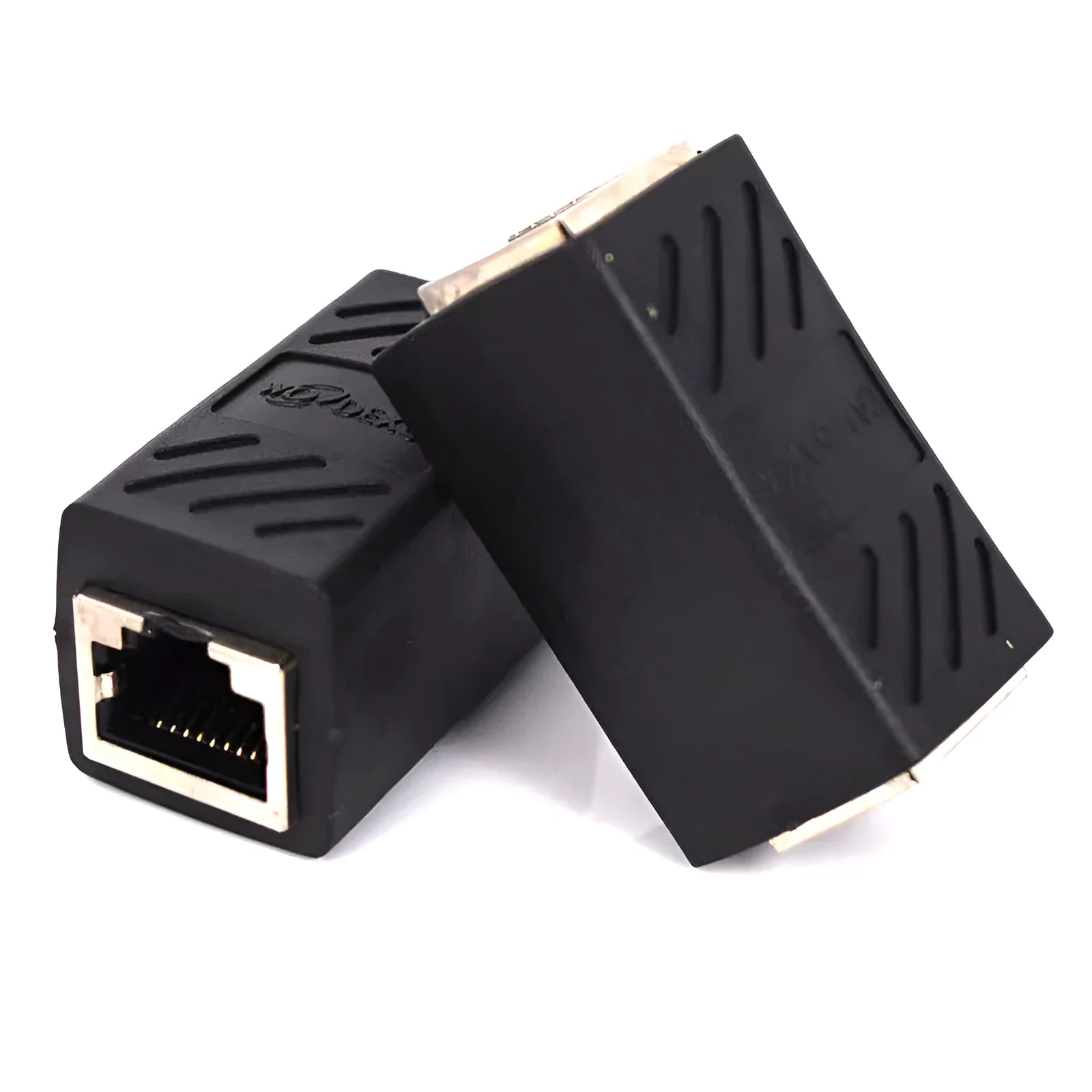 Black RJ45 female-to-female Ethernet cable extender coupler.