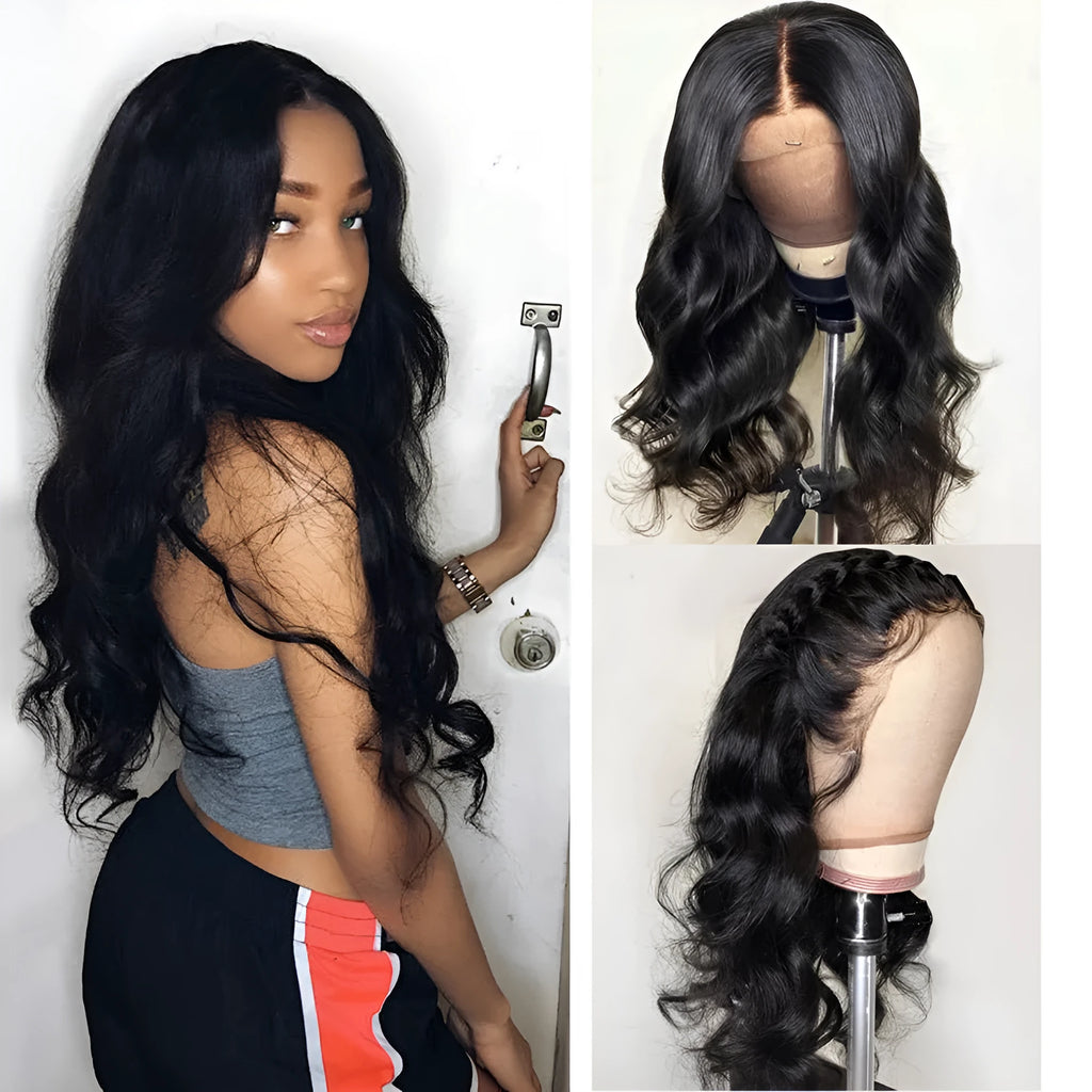 Lace front human hair wig in black, shown in a 16 inch length with natural hairline