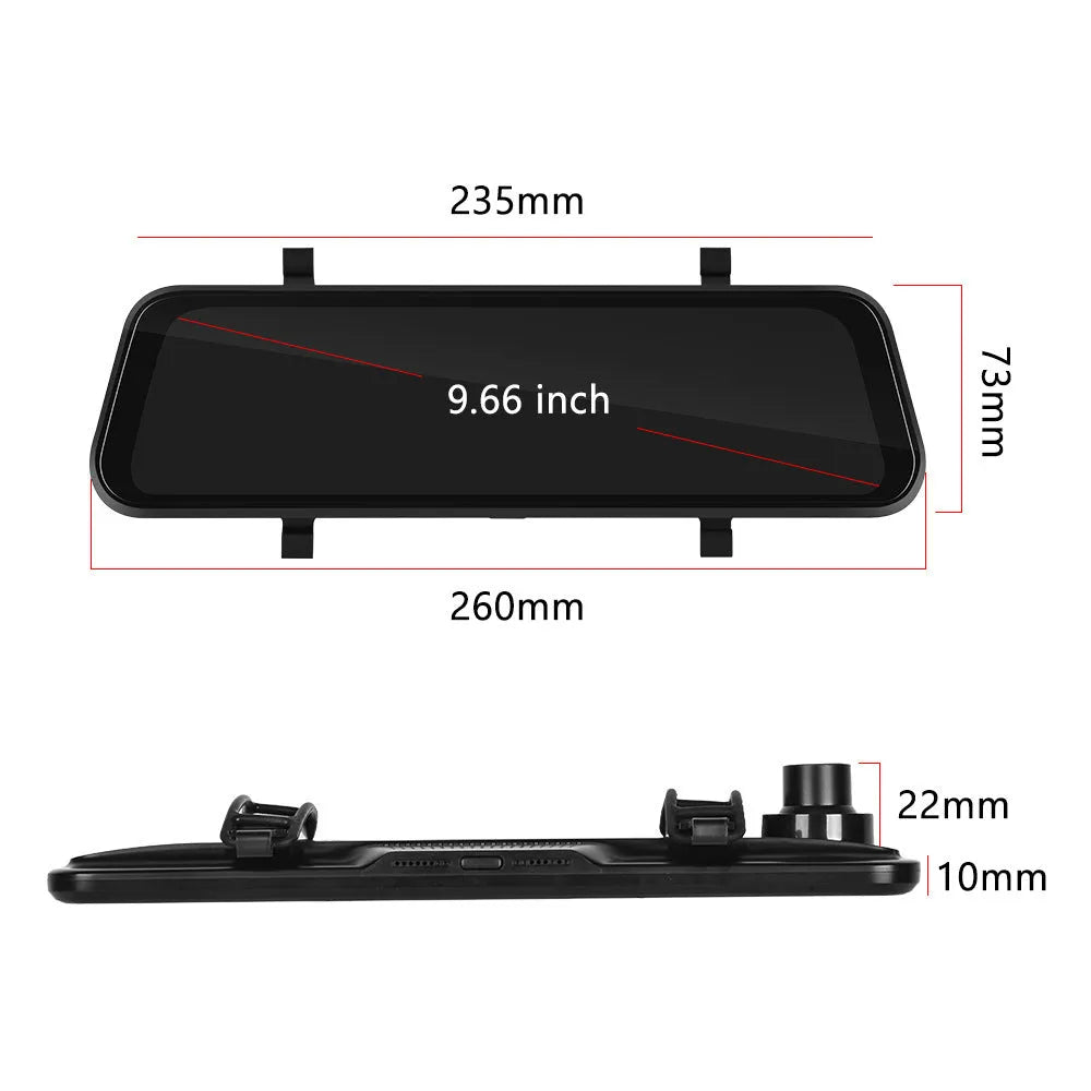 9.66-inch touchscreen car dashboard camera mirror showing video display and smartphone interface