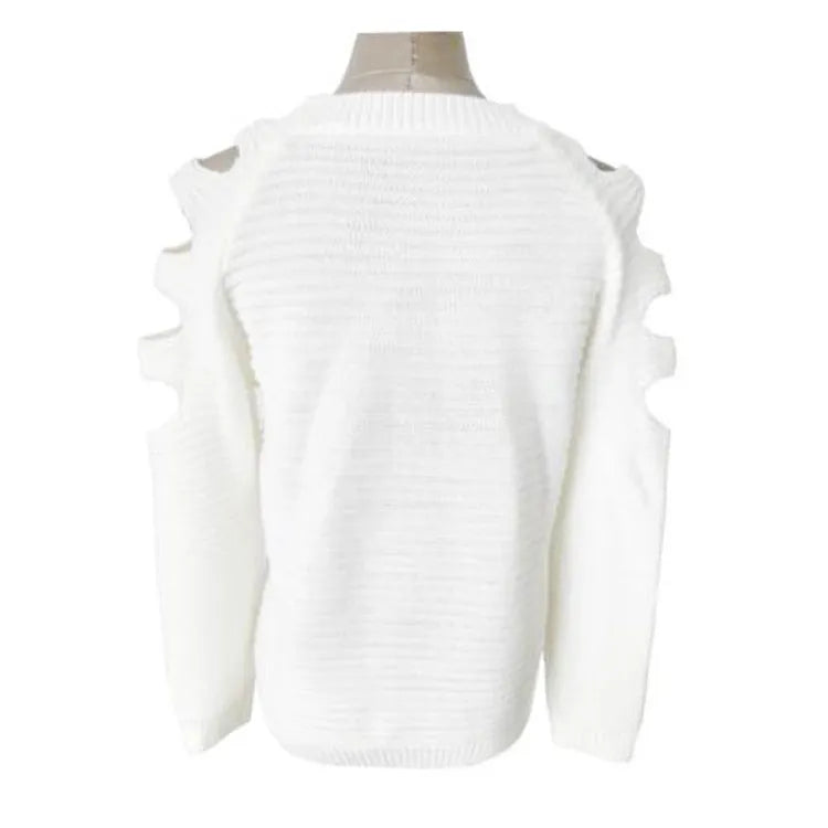Women's grey knitted shirt with hollow-out crochet pattern, round neck and long sleeves