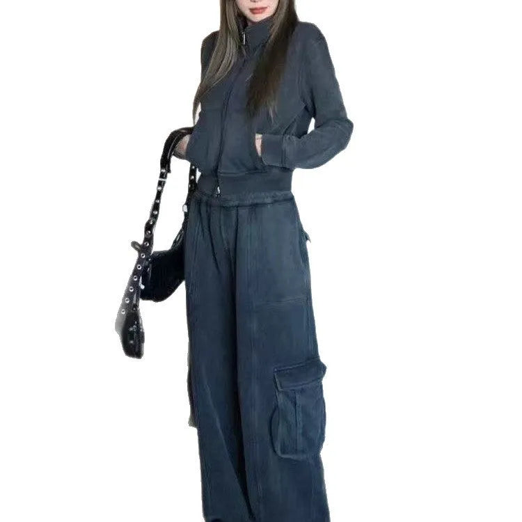 Women's American Retro two-piece sportswear suit in dark gray or brown polyester with splicing detail