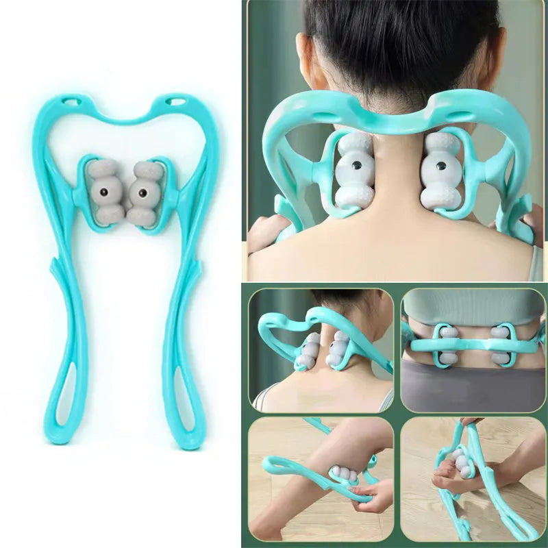 Blue handheld neck and shoulder massager with pressure nodes showing 360-degree rotation.