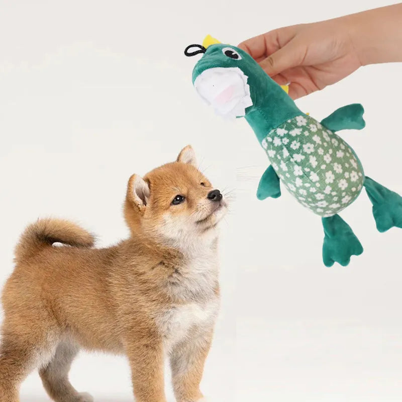 Green plush squeaky dog toy for small puppies, 26x14cm, with chewable texture