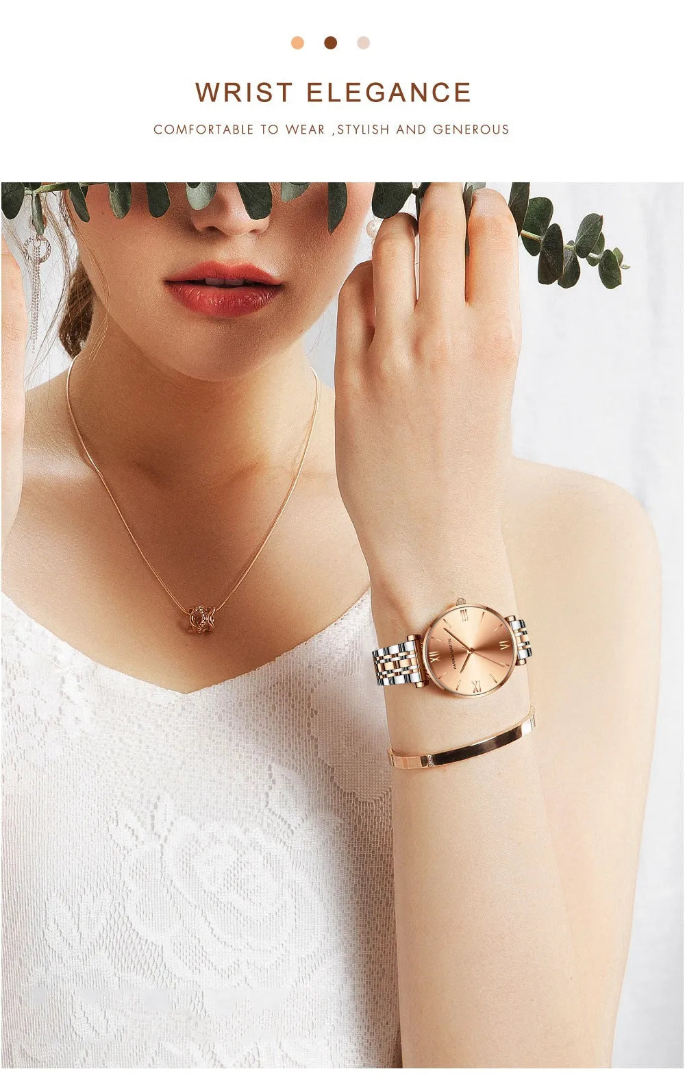 Women's stainless steel band watch, 10mm thick, round dial, business style, rose gold gold or silver finish
