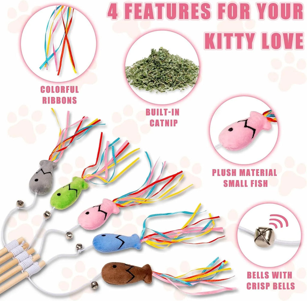 Blue handled cat teaser wand with colourful ribbons, a bell, and a catnip fish dangling from an elastic rope