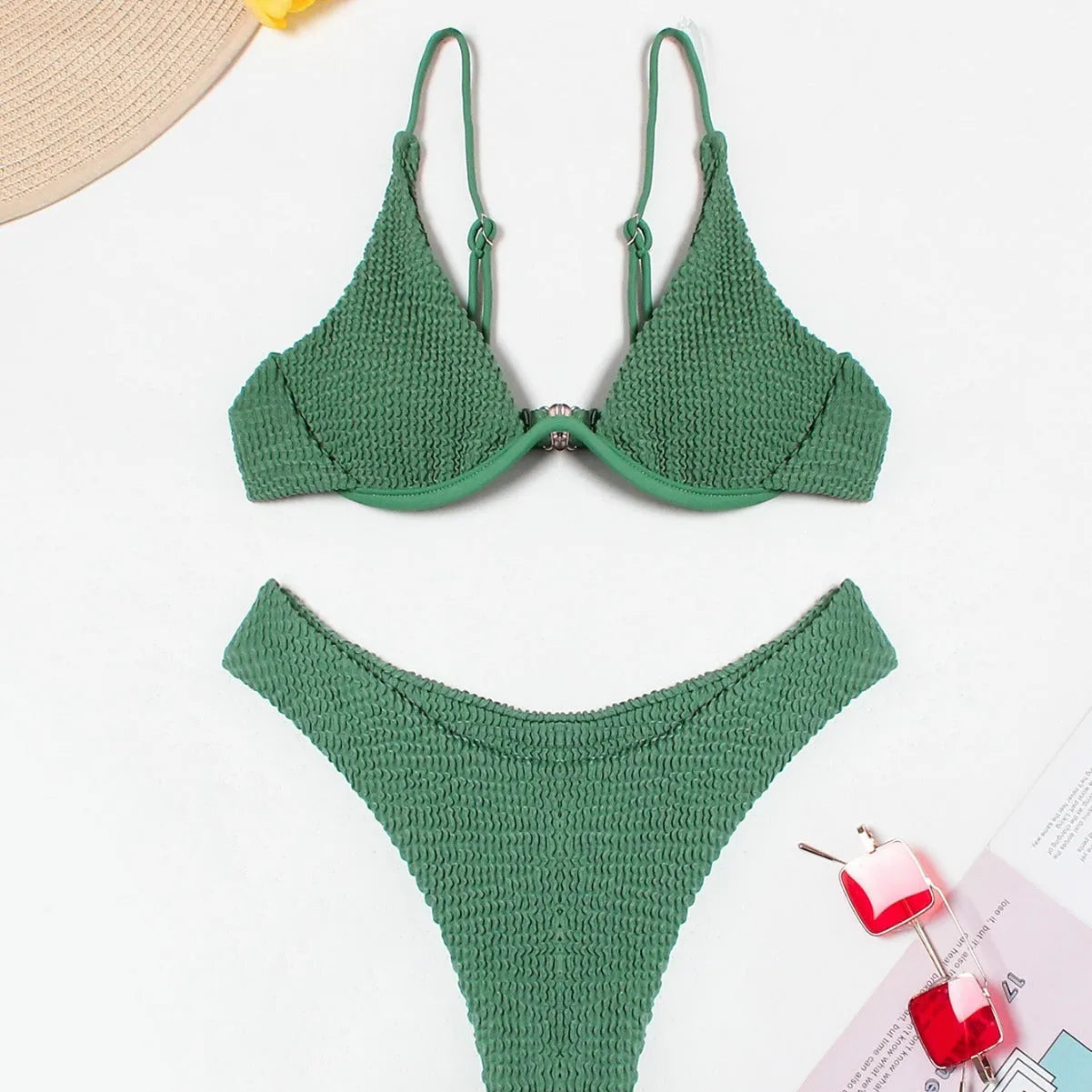 Green women's bikini suit with ruffle detail and briefs bottom