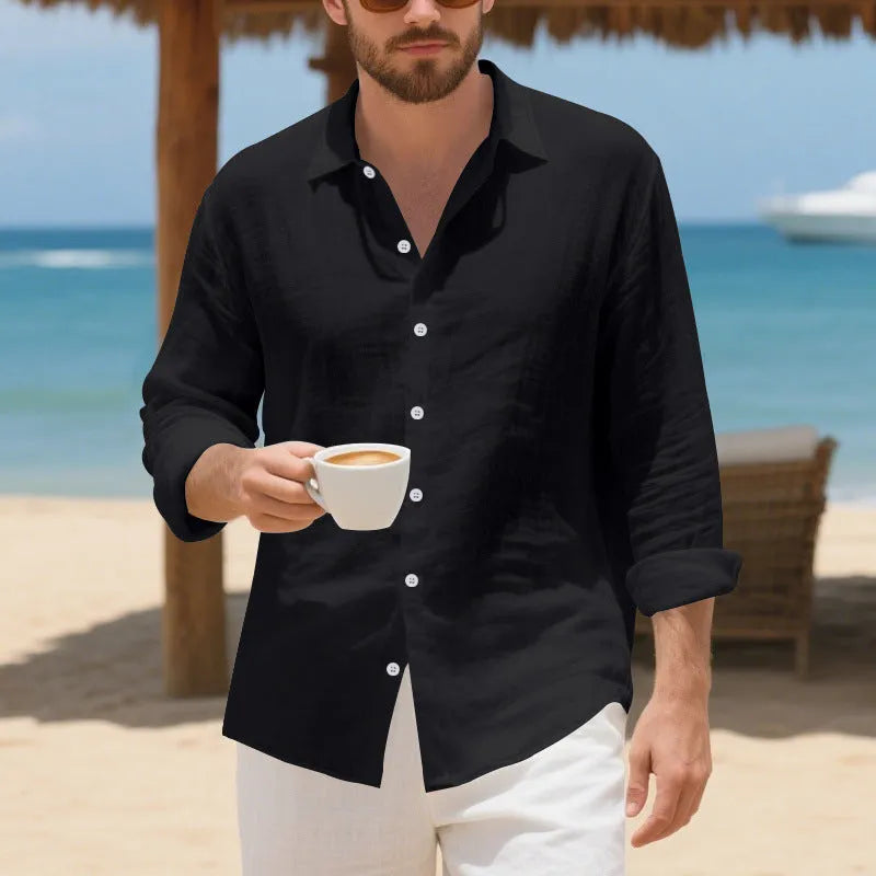 Linen Hawaiian casual shirt in a loose fit, shown in an earthy yellow colour on a hanger.