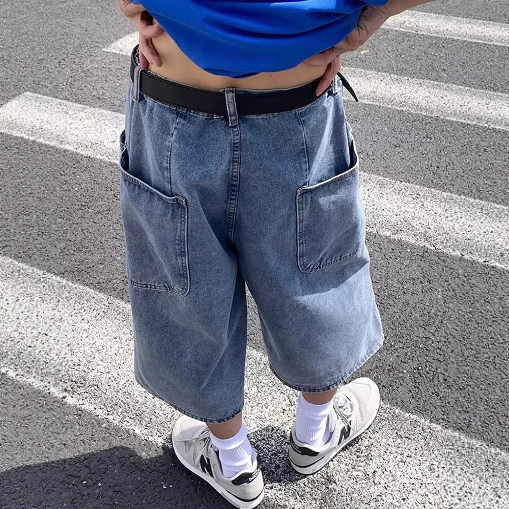Blue men's washed denim pirate shorts with high waist and cropped length