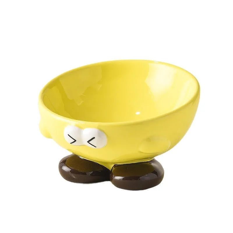 Ceramic slanted pet bowl in blue colour showing oblique design for neck support during feeding