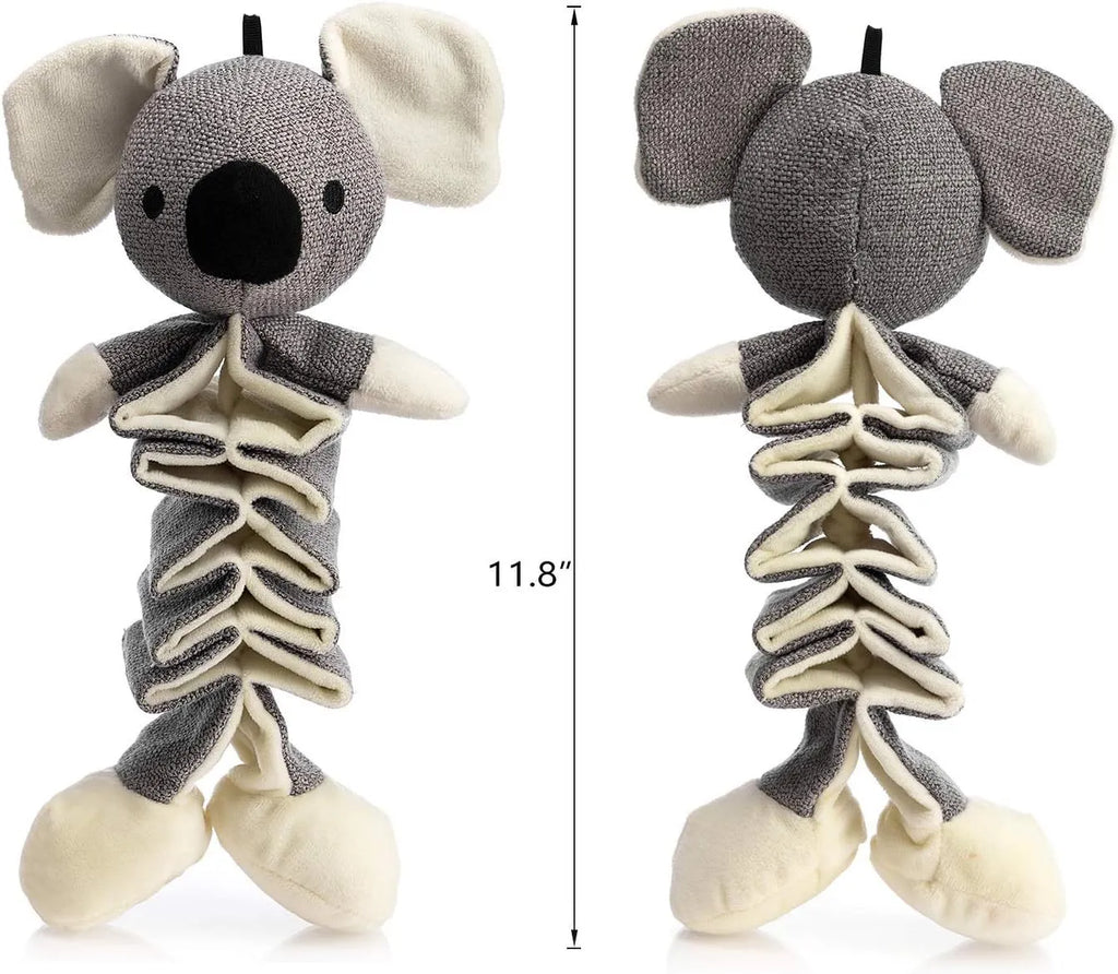 Grey koala plush dog toy with crinkle paper squeaker, measuring 30cm long.