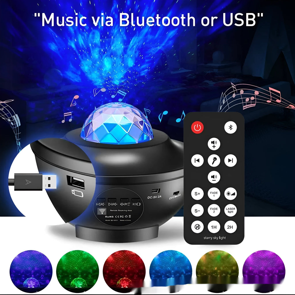 Black parallel style starry sky projection lamp with remote control on desktop