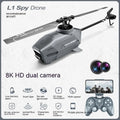 Silver remote control drone with 8K dual camera, optical flow stability, follow mode and stunt flight, under 30cm