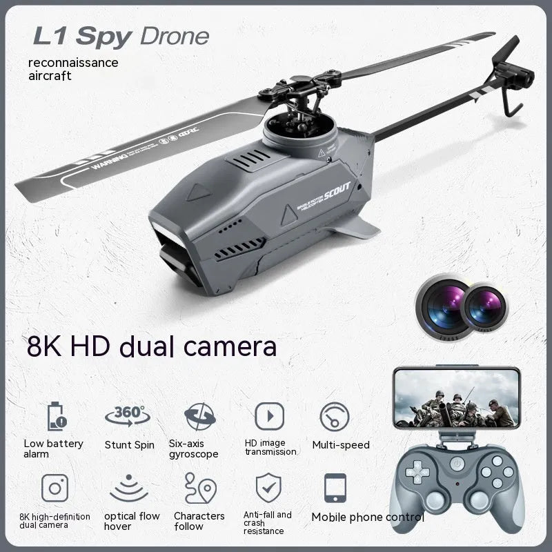 Silver remote control drone with 8K dual camera, optical flow stability, follow mode and stunt flight, under 30cm