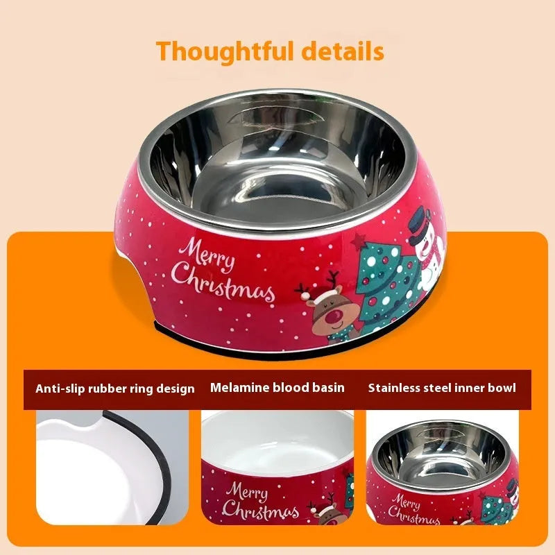 Red Christmas pet bowl with stainless steel double-layer construction in three size options for dogs and cats