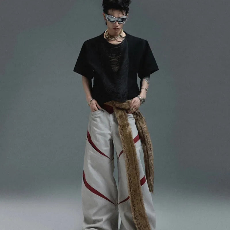 Men's black loose fit polyester t-shirt with V-neck and tassel details