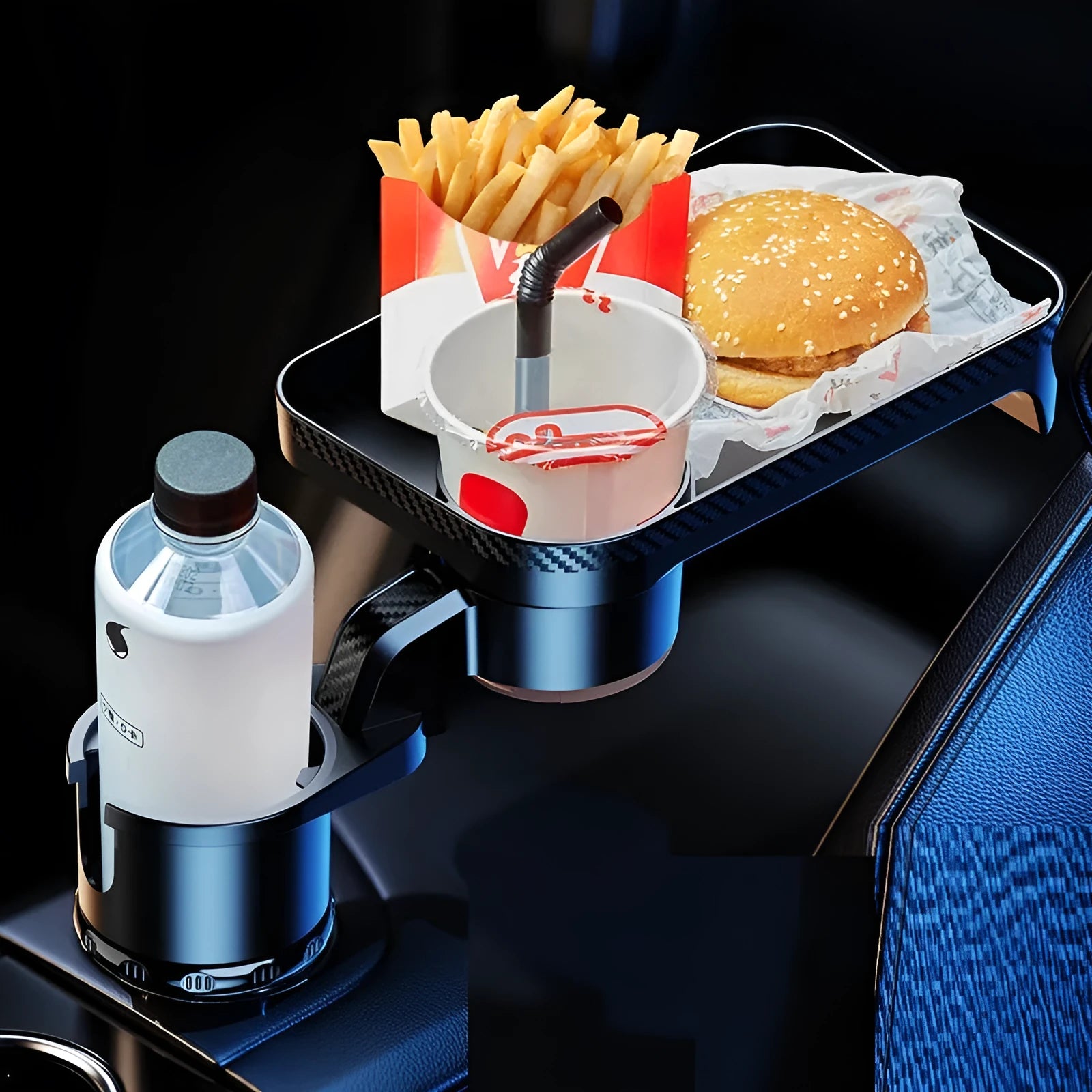 Black ABS plastic car-mounted rotating dinner tray holder showing 360-degree rotation function