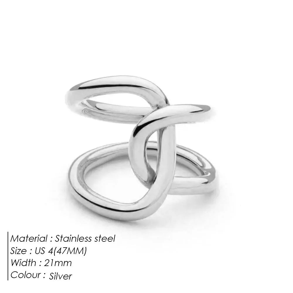 Adjustable knotted opening ring in stainless steel, shown in both gold and steel colour finishes on a woman's hand.