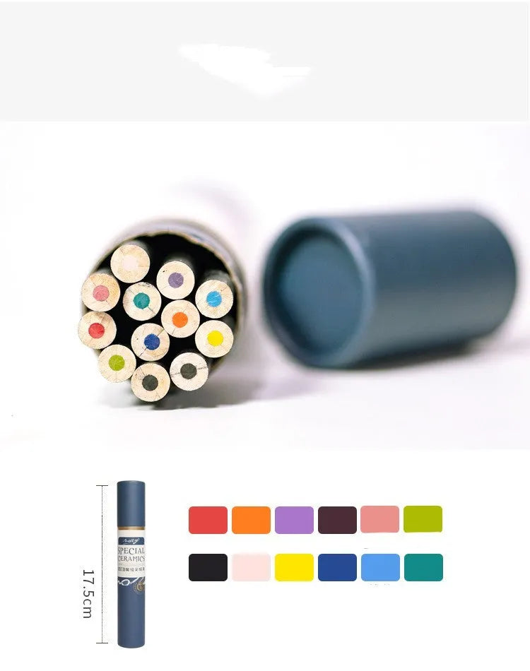 Set of 12 pottery underglaze colour pencils in a wooden case, colours include red, blue, green, yellow, and black.