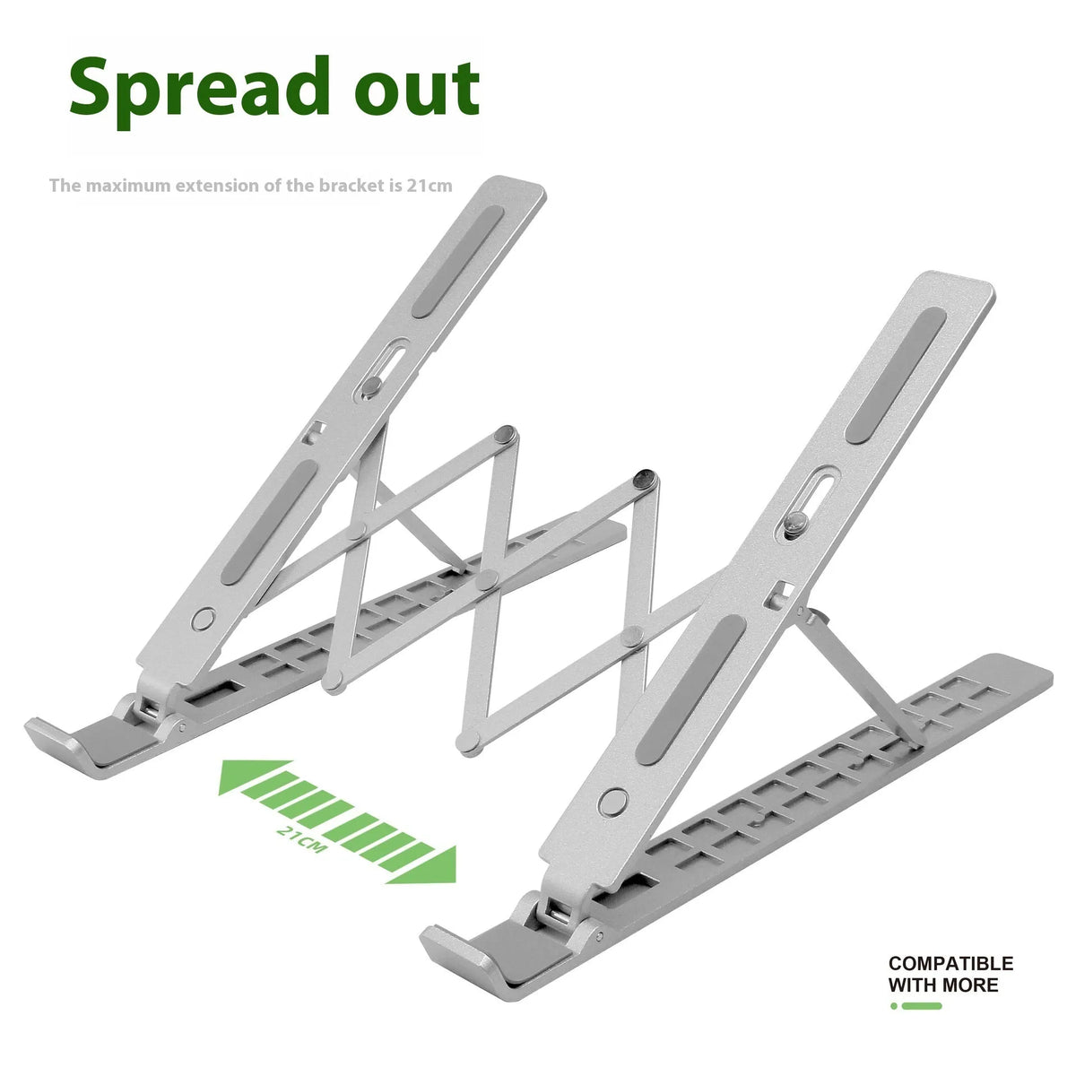 Aluminum alloy three-fork laptop stand in silver with adjustable lifting mechanism on desk