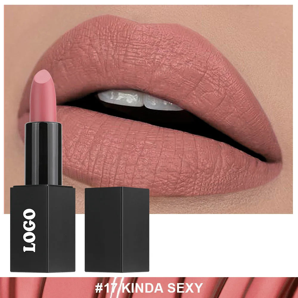 Matte finish lipstick bullet in case showing one of 24 available waterproof colour shades.