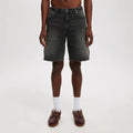 Men's loose fit straight-leg jeans trousers in light blue, black, and grey cotton denim.