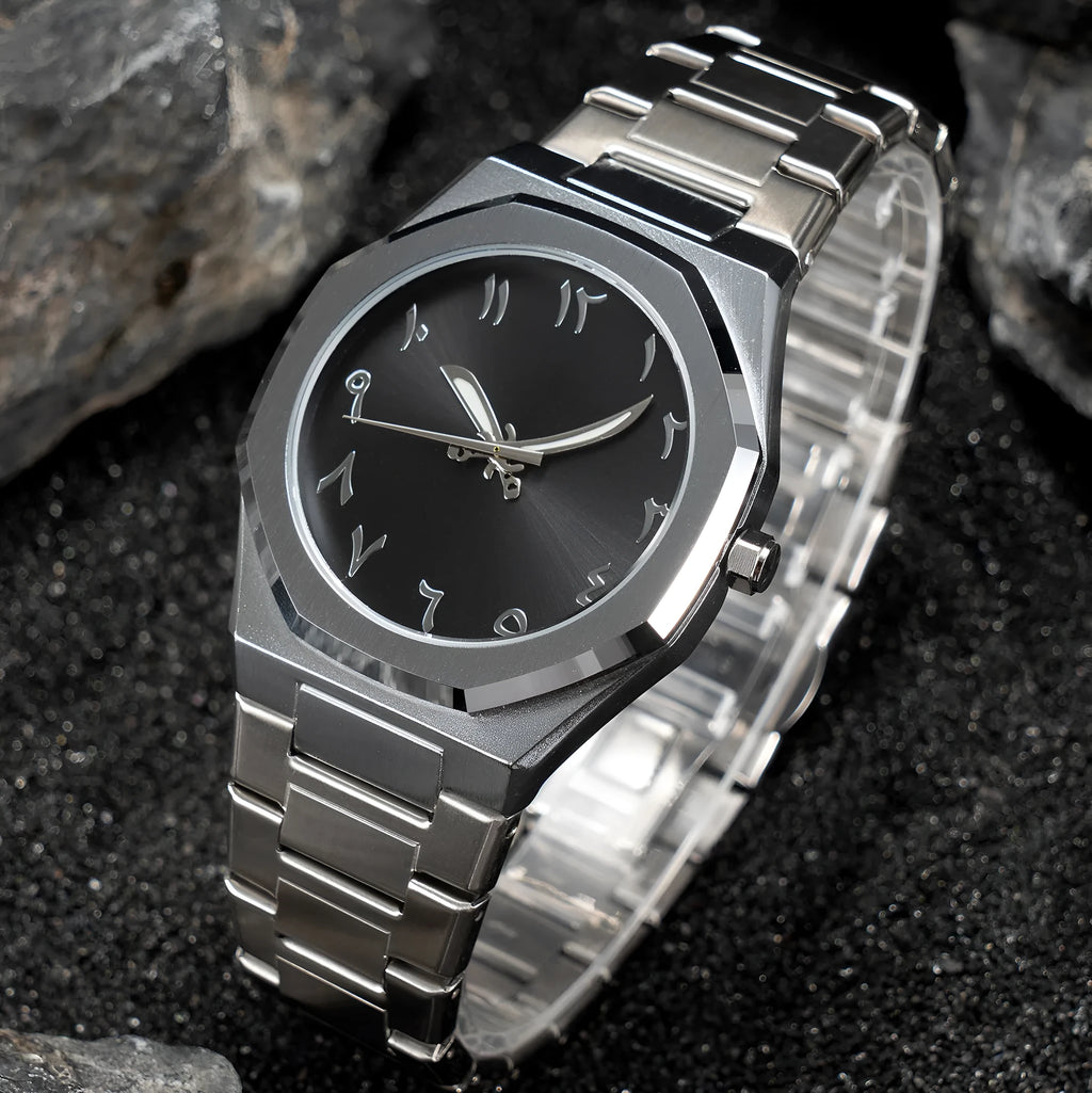 Men's business casual quartz wristwatch with stainless steel bracelet, 10mm thick case, shown in black and silver colour variants.