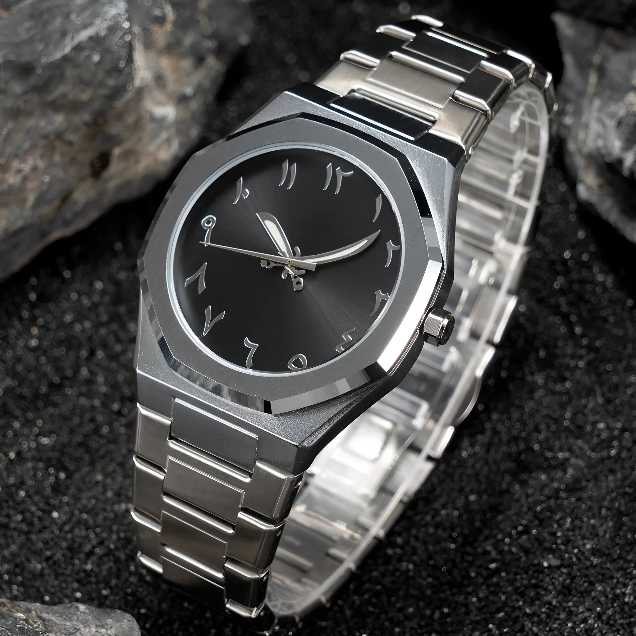 Men's business casual quartz wristwatch with stainless steel bracelet, 10mm thick case, shown in black and silver colour variants.