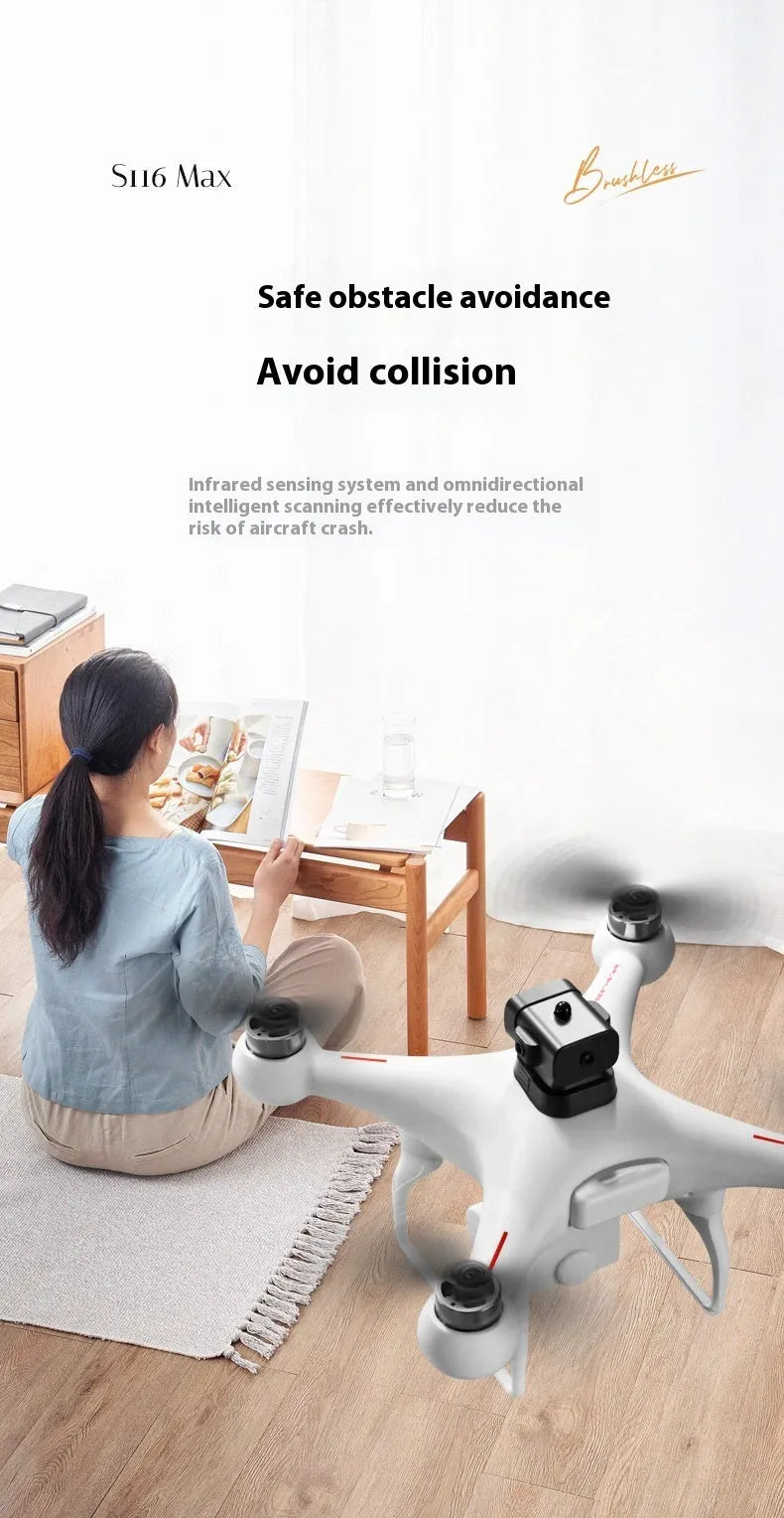 Black brushless UAV toy drone with four-side obstacle avoidance and a camera, remote controller beside it.