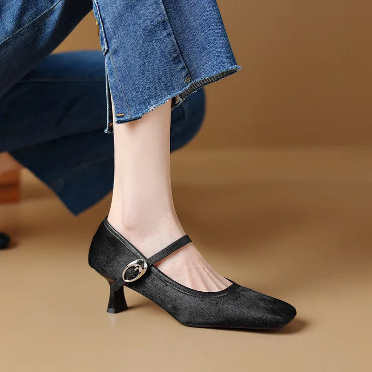 Women's black square toe stiletto heels with horse hair upper and ankle strap.