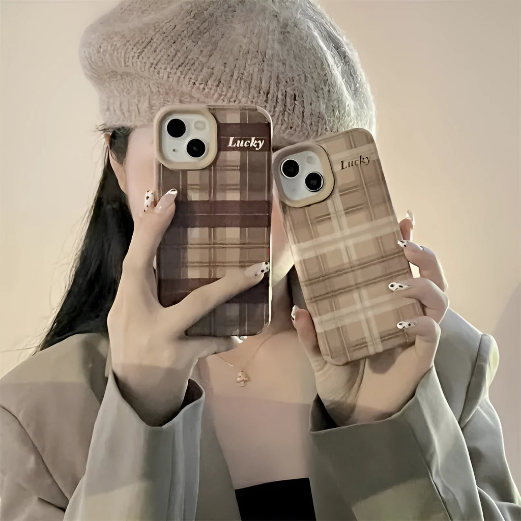 Silicone anti-fall phone case with embossed light coffee plaid lucky letter design for iPhone 13 Pro