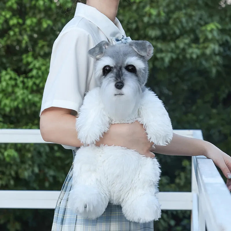 Schnauzer artificial dog backpack cartoon puppy doll with black bow and white strap