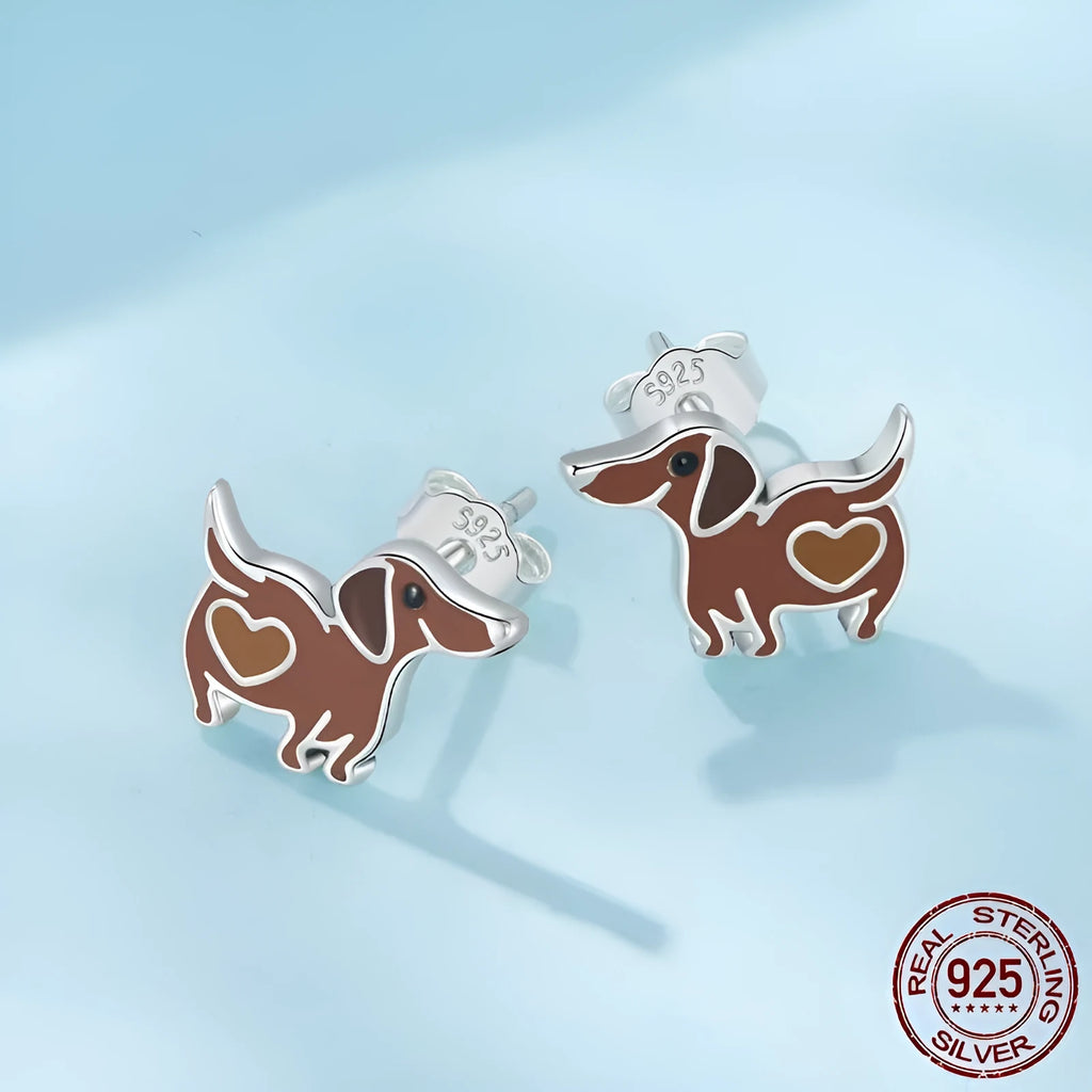 S925 sterling silver sausage dog drop earrings in SCE1929 colour with dripping oil finish, supplied as a pair for women