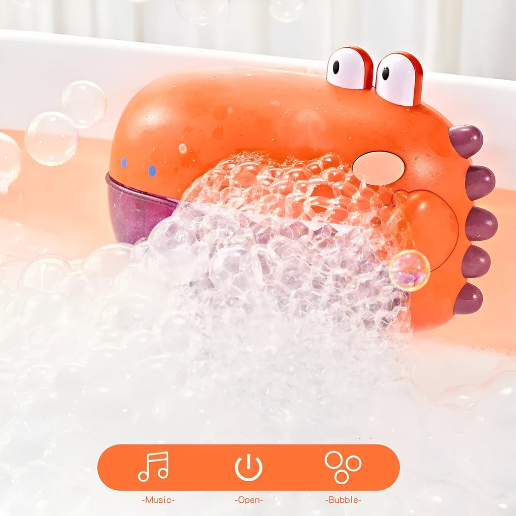 Baby bath toy bubble music machine in vinyl with dinosaur design mounted on tile wall producing bubbles