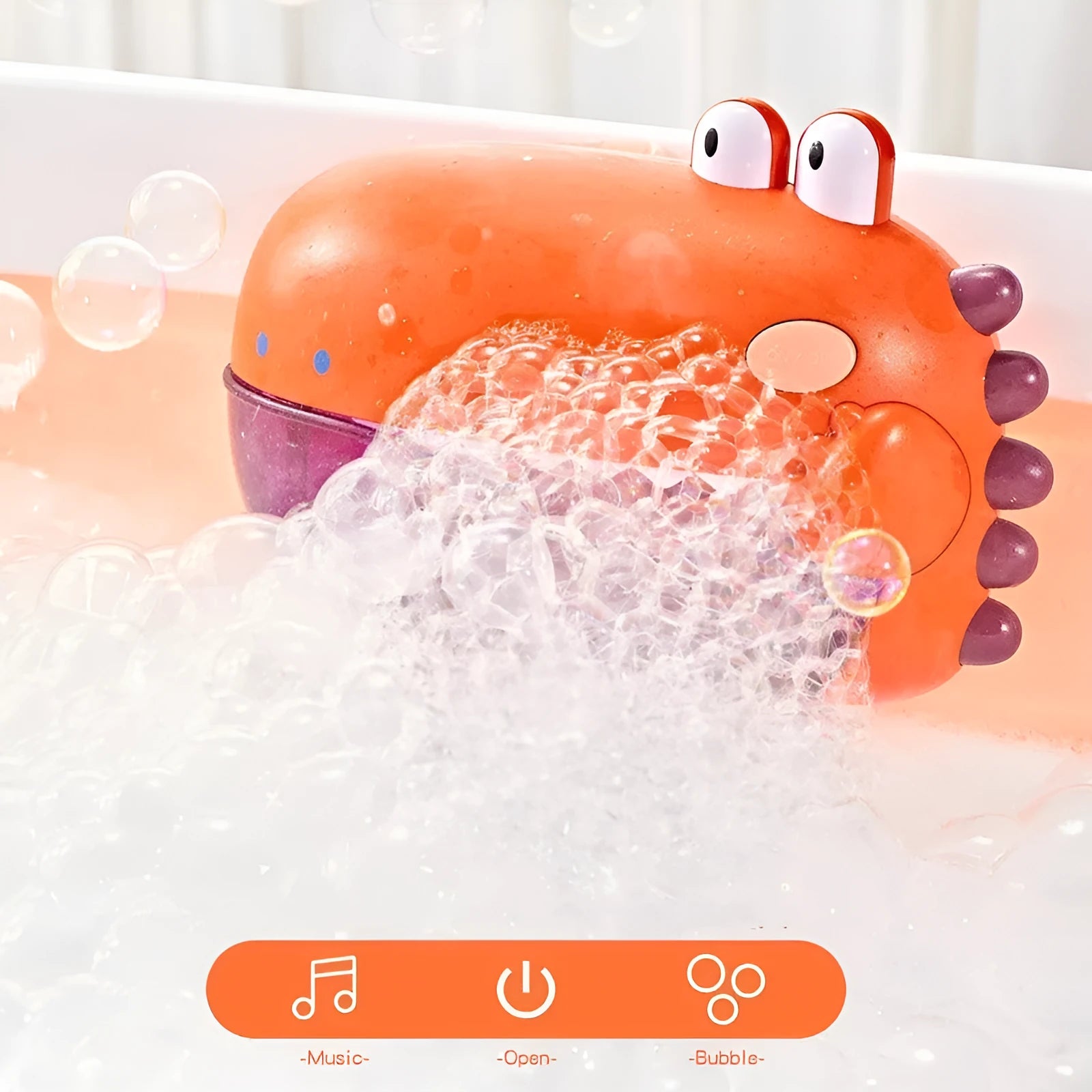 Baby bath toy bubble music machine in vinyl with dinosaur design mounted on tile wall producing bubbles