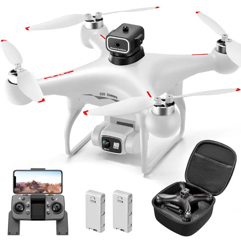 Black brushless UAV toy drone with four-side obstacle avoidance and a camera, remote controller beside it.