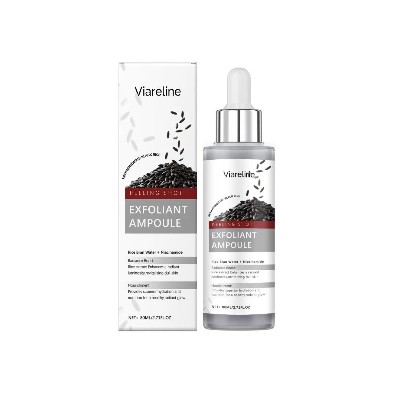 80ml black rice exfoliating liquid bottle with hyaluronic acid and nicotinamide ingredients