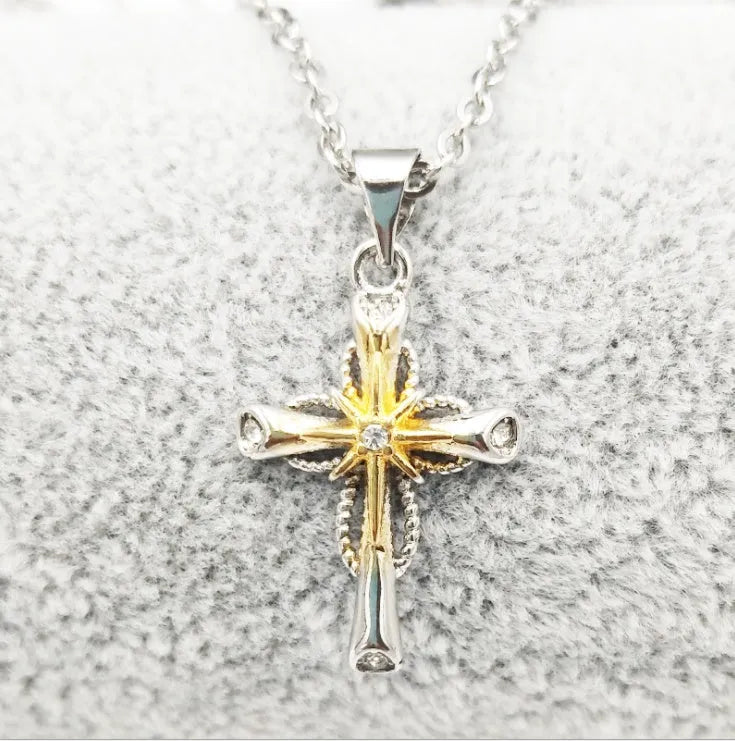 Silver octagonal star cross alloy pendant, 22x15mm, with 42+5cm ring chain for women and girls.