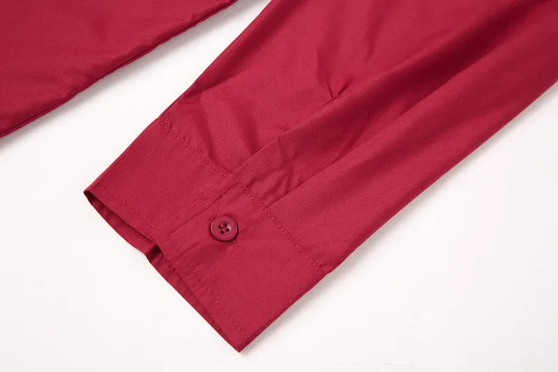 Teenage men's red stand-up collar casual shirt with traditional Chinese style mandarin collar