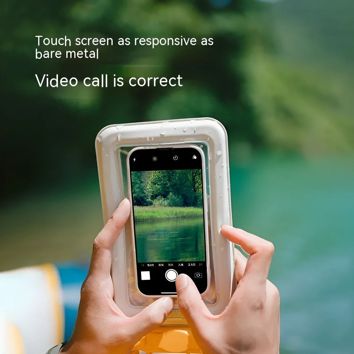 Quilted buoyancy waterproof phone bag in Mars Green with touch screen window, fitting phones up to 6.8 inches.