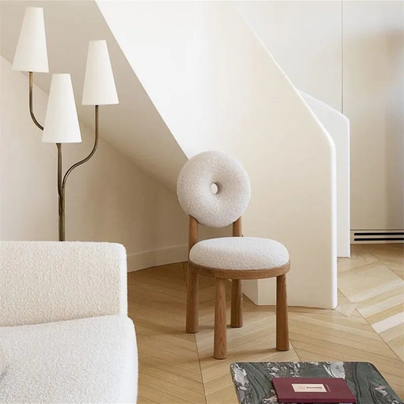 Berber fleece chair with iron frame and foam sponge seat in plush walnut or wood colour for dining, desk, or make-up use