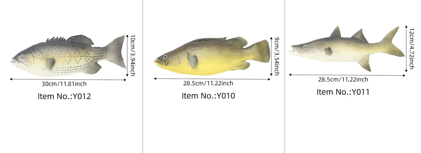 Three PU simulated fish ornaments: yellow-fin tuna, small tuna, and yellow croaker marine models