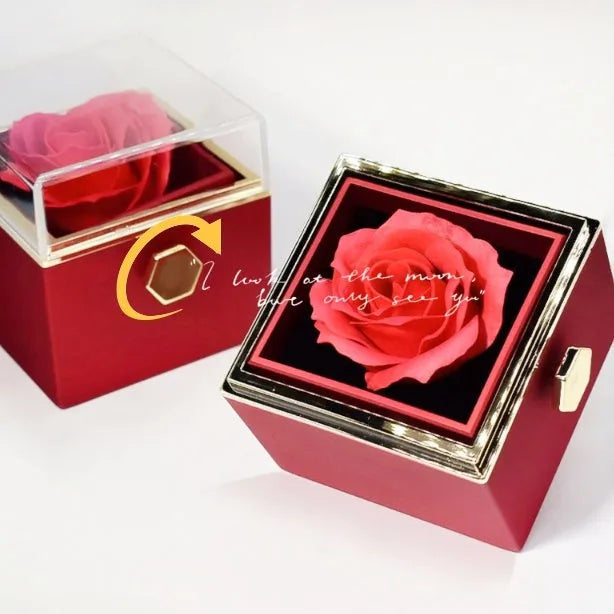 Rotating soap flower rose gift box with transparent acrylic cover showing preserved rose and jewellery drawer