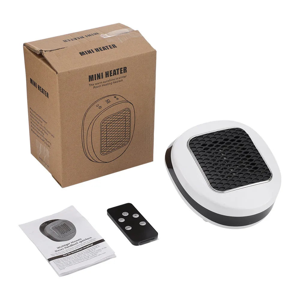 White ceramic heating electric hot air blower with remote control on a desk