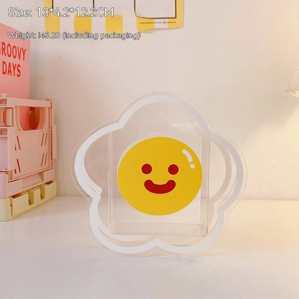 Square clear acrylic stationery storage box with cartoon design options including strawberry rabbit and poached egg