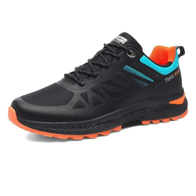 Men's plus size black mesh running shoe with lace-up front and round toe on a plain background.