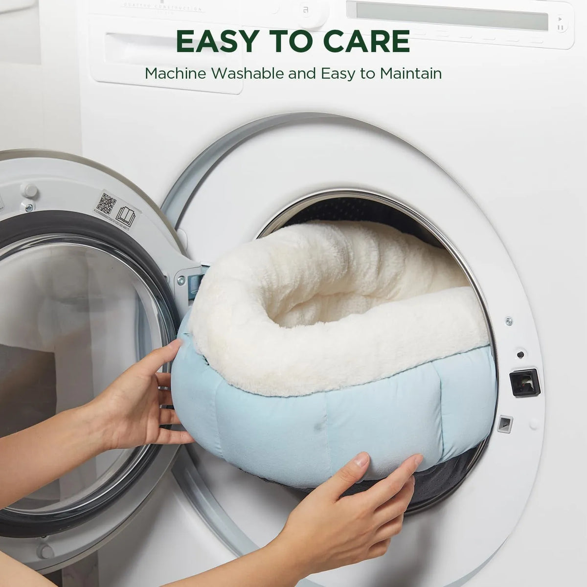 Round donut dog bed in faux rabbit fur with raised sides and anti-slip bottom, sizes XS to XL, colours blue brown green pink