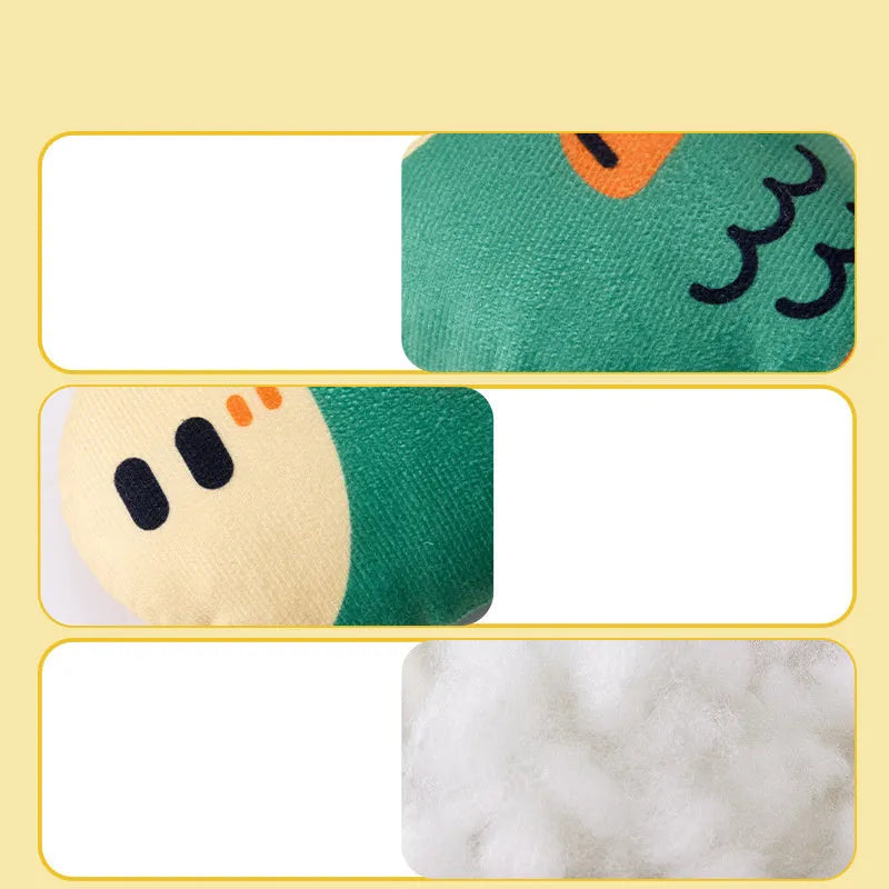 Puffhead Fish plush squeaky dog toy in green, purple, and yellow colours