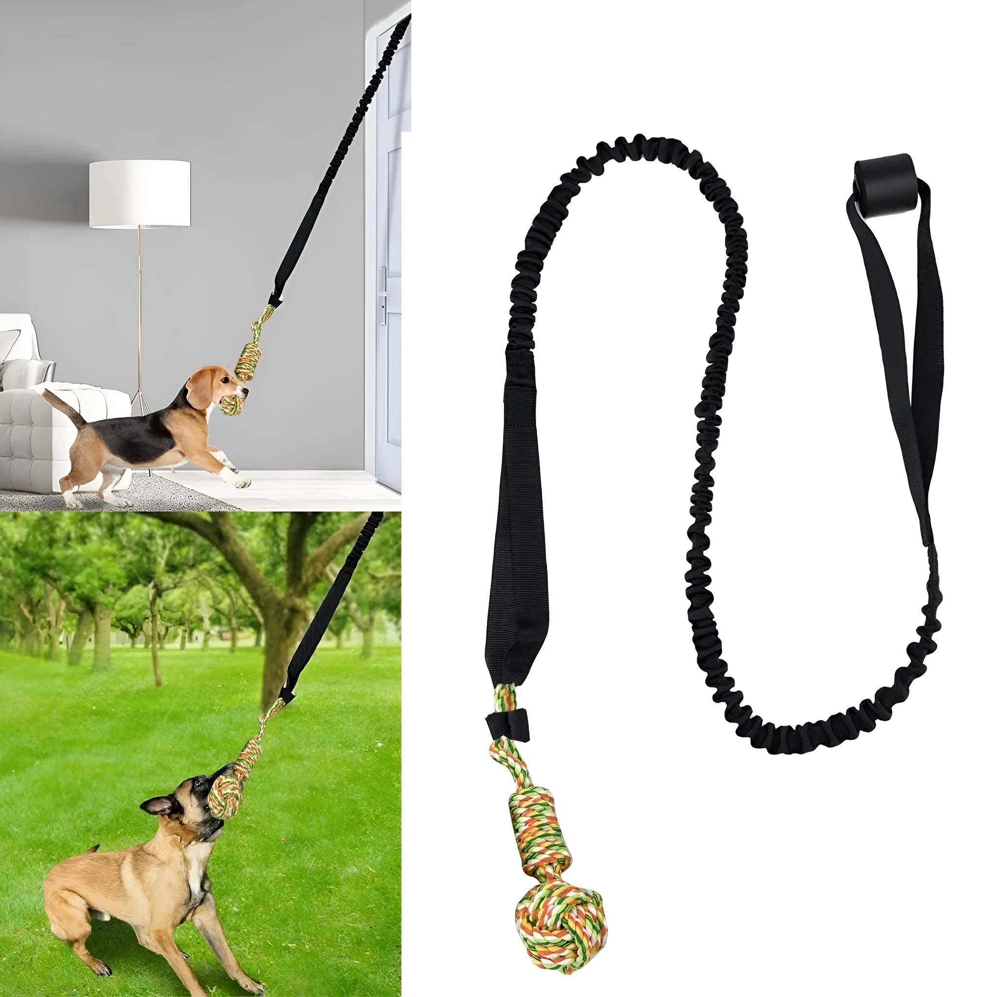 Cotton rope dog tug toy for interactive play and dental grinding, shown in black, grey, or red.