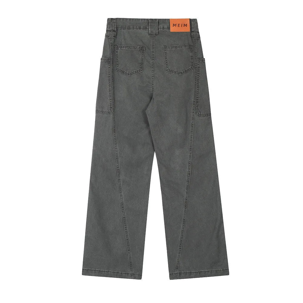 Mens loose fit denim work trousers in black, dark green, and smoky gray cotton fabric