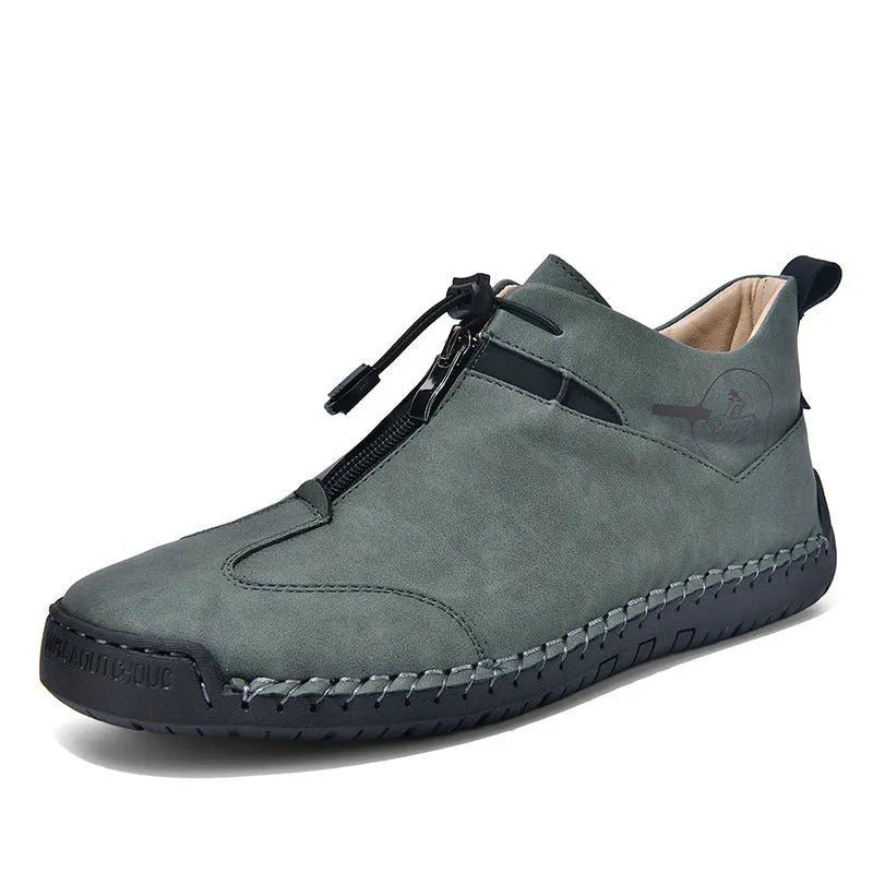 Men's casual leather shoes with round toe and mid heel in black, blue, green, khaki colour options